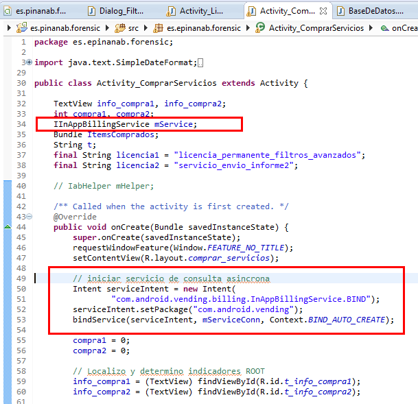Ejemplo de como queda el codigo  IINAppBillingService