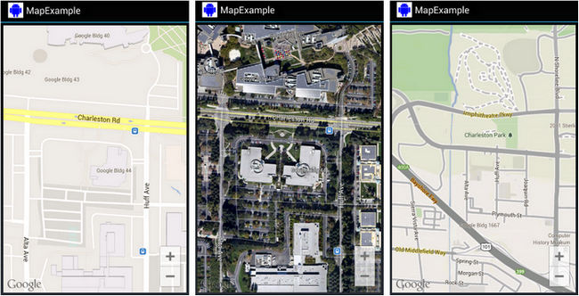 ejemplos tipos de mapas Android, satellite, normal, hibrido